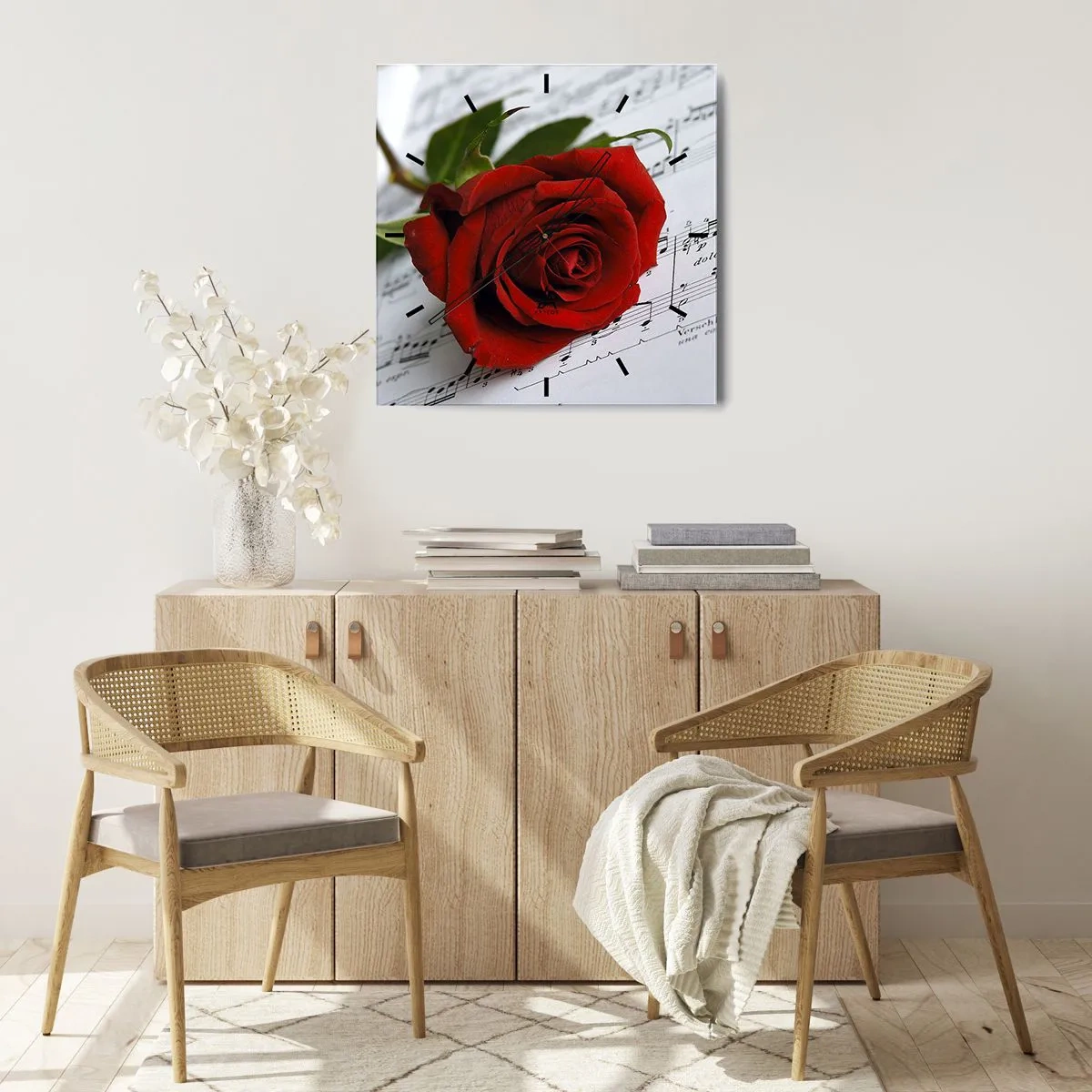Wall clock - Clock on glass - Music of Feelings in Scarlet - 30x30 cm