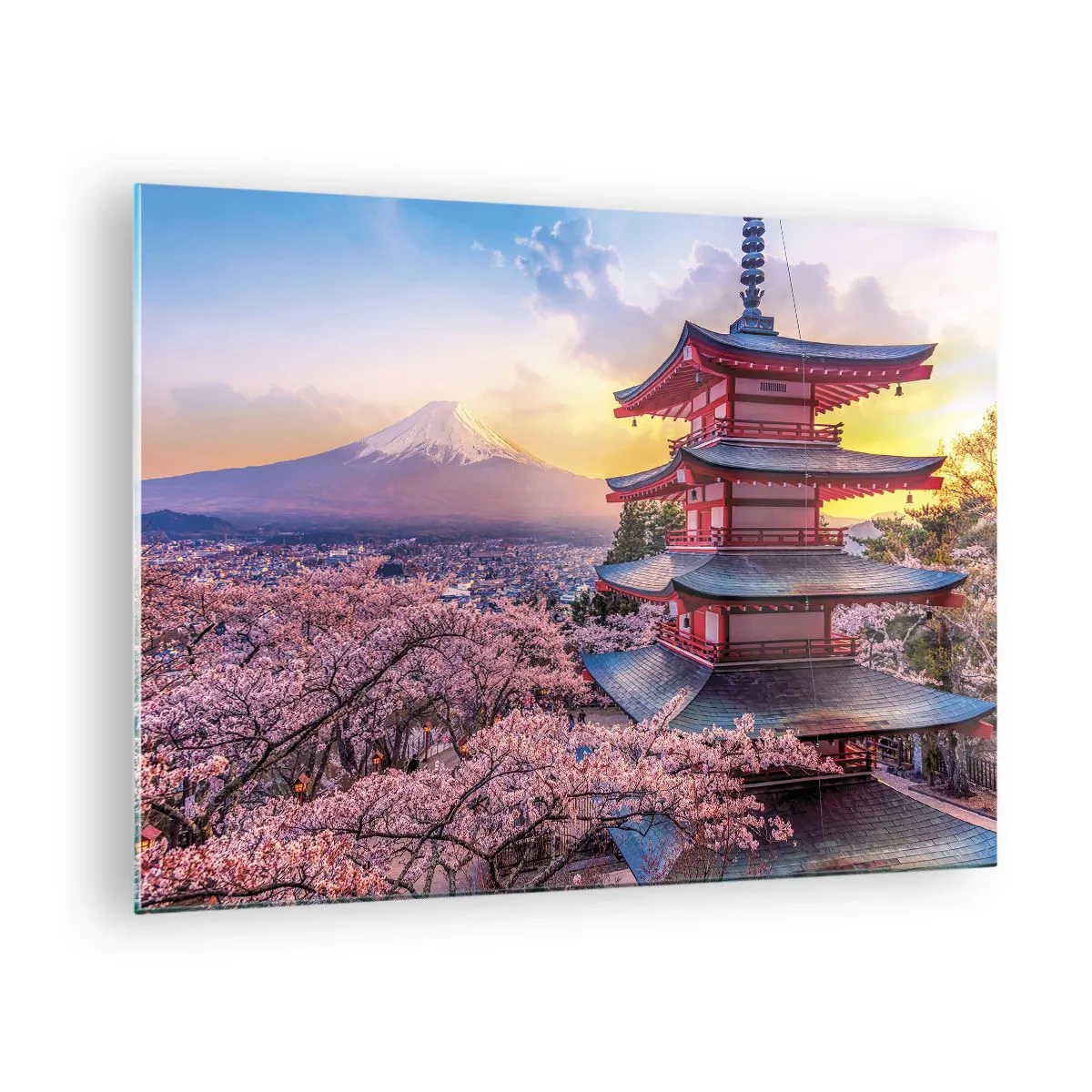 Glass picture - A pagoda in a Japanese landscape overlooking Mount Fuji and flowering trees - 70x50cm - The Essence of Japanese Spirit - Modern wall decoration for the living room and bedroom ARTTOR
