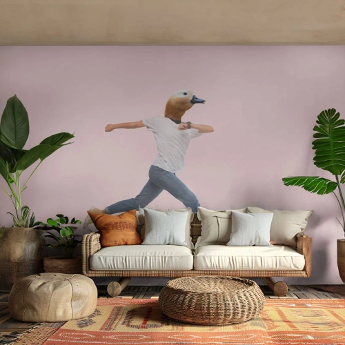 Photo Wallpaper Standard Eco - A surrealistic figure of a man with a bird's head on a pink background. - 100x70cm - Pinch of Absurd - Modern wall decoration for the living room and bedroom ARTTOR