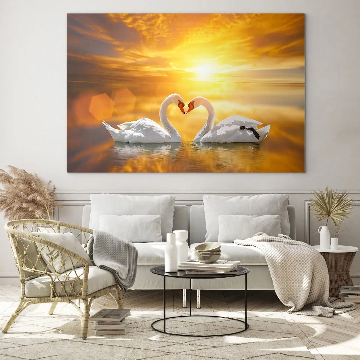 Glass picture - Two swans on the water forming a heart against the backdrop of a sunset - 70x50cm - Heart Is the Most Beautiful Word in the World - Modern wall decoration for the living room and bedroom ARTTOR