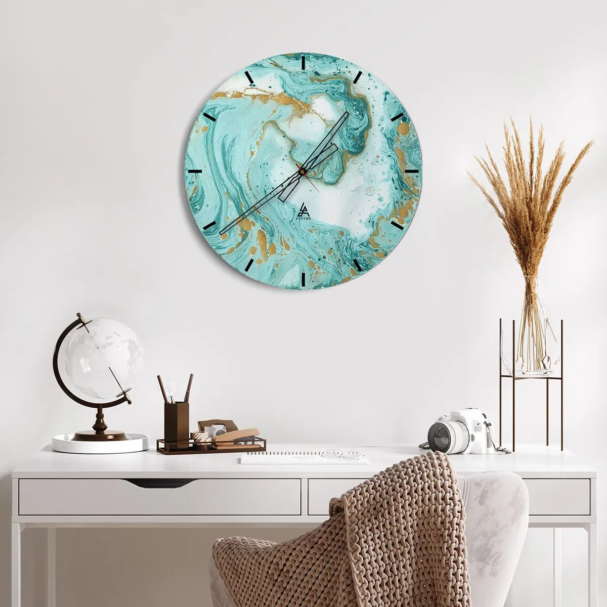 Wall clock - Clock on glass - Abstract pattern in shades of turquoise - 30x30cm - Under the Great Wave of the Edo Period - Modern wall decoration for the living room, kitchen, and bedroom ARTTOR
