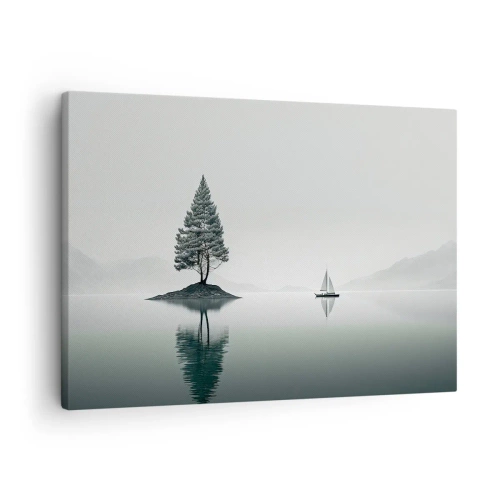 Canvas picture - A minimalist landscape with a tree on an island and a sailboat. - 70x50cm - Daydreaming - Modern wall decoration for the living room and bedroom ARTTOR
