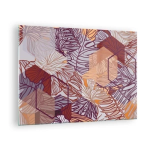 Glass picture - Graphic leaves against a background of geometric shapes - 70x50cm - Impossible Union of Geometry and Nature - Modern wall decoration for the living room and bedroom ARTTOR
