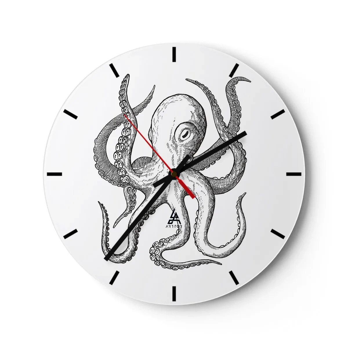 Wall clock - Clock on glass - Vintage style octopus illustration on white background - 30x30cm - Dancing with the Waves - Modern wall decoration for the living room, kitchen, and bedroom ARTTOR