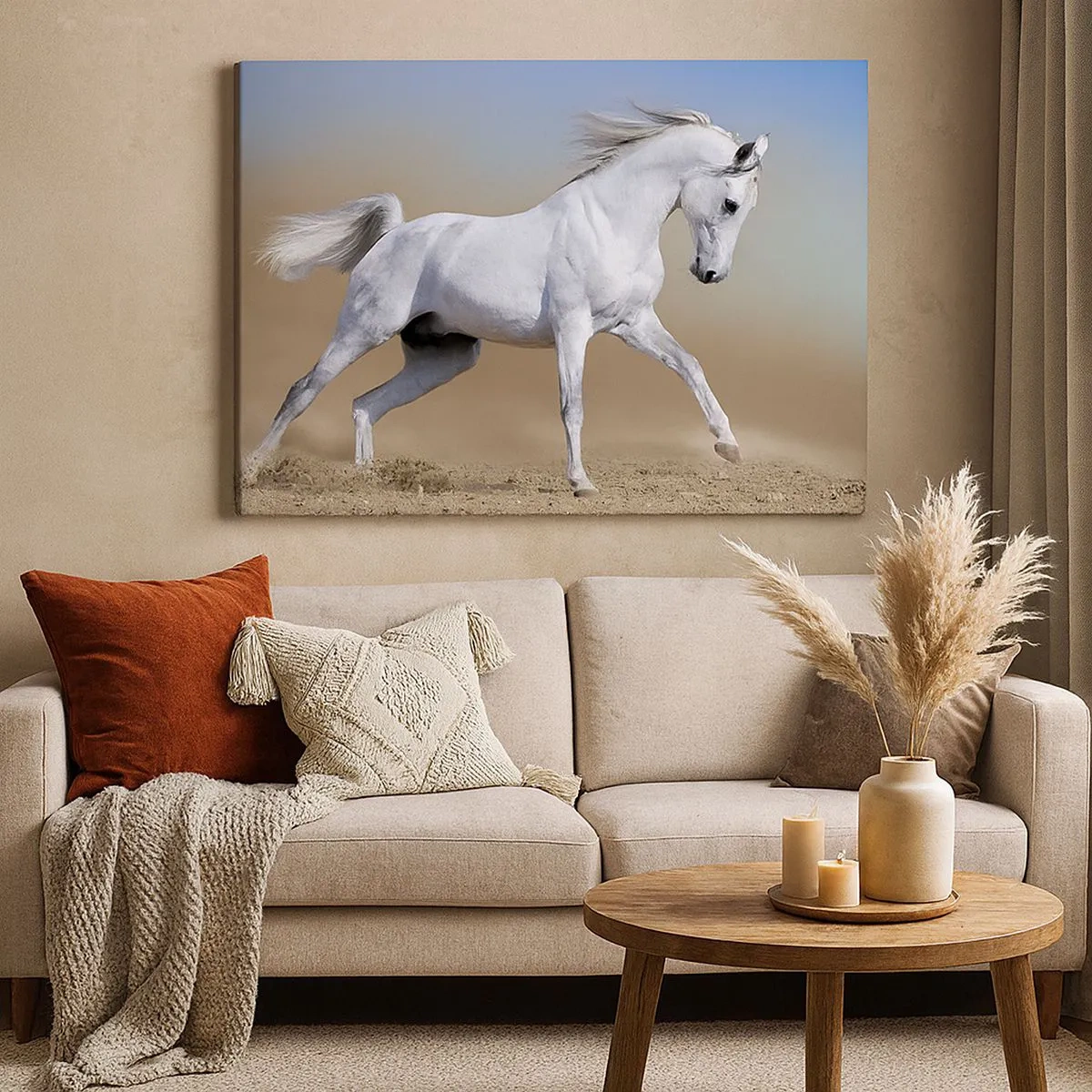 Canvas picture - A white horse galloping across a desert landscape - 70x50cm - The Most Beautiful Arabic Tale - Modern wall decoration for the living room and bedroom ARTTOR