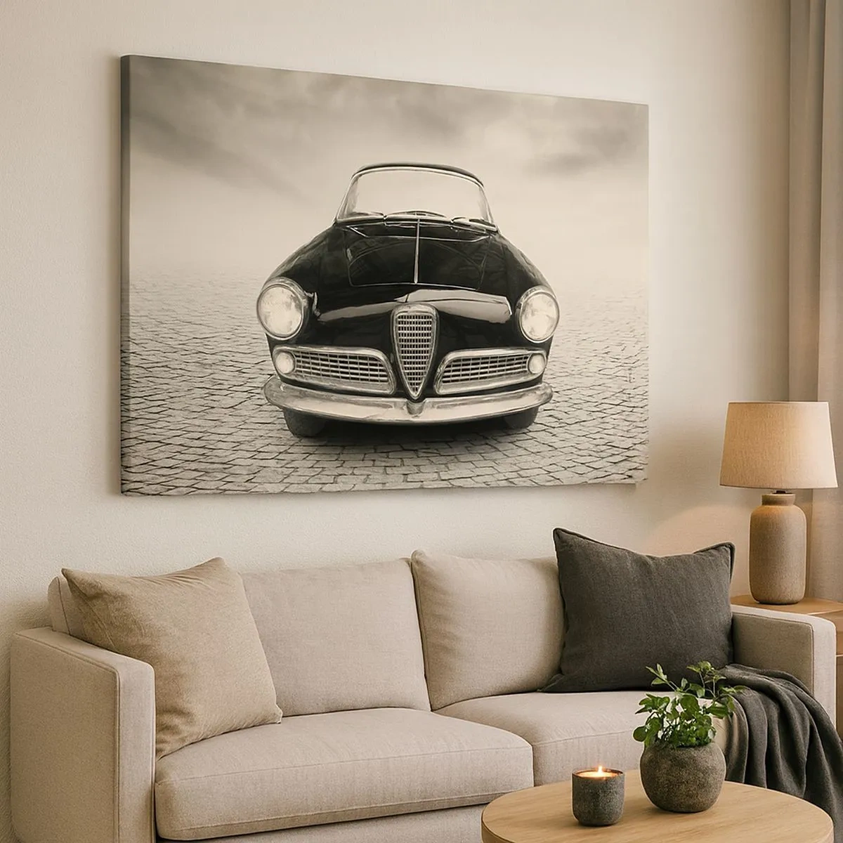 Canvas picture - A classic car on a cobblestone square in a monochromatic style - 70x50cm - How Can You not Love Me? - Modern wall decoration for the living room and bedroom ARTTOR