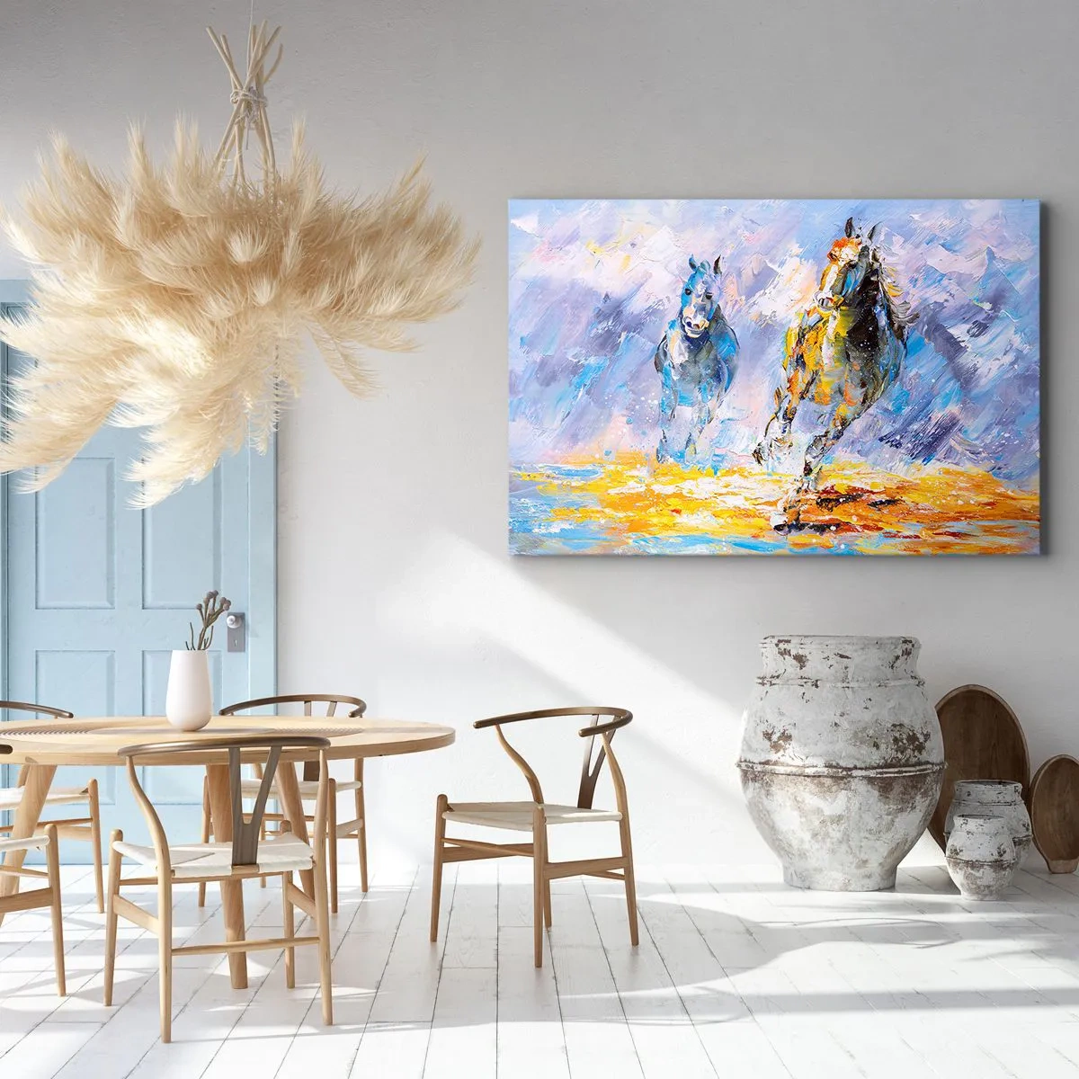 Canvas picture - Two horses in motion against the backdrop of an abstract landscape - 70x50cm - Galloping through Light - Modern wall decoration for the living room and bedroom ARTTOR