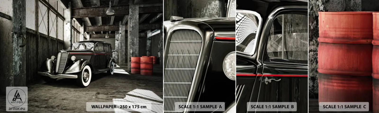 Photo Wallpaper Sample Self-Adhesive Deluxe Sticker - Unfading Elegance of the 30-ies - Automotive, Retro car, Factory Warehouse - 100x30 cm