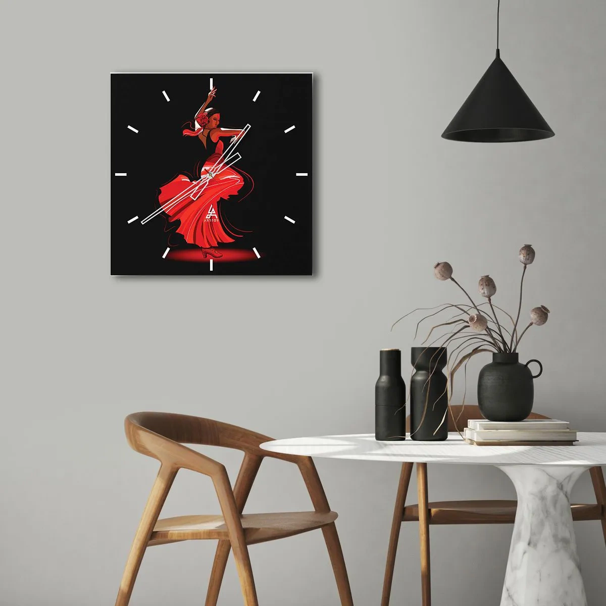 Wall clock - Clock on glass - Fiery Spirit of Flamenco - 30x30 cm
