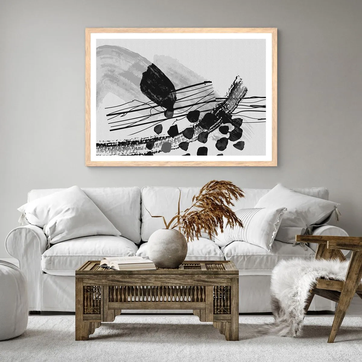Poster in light oak frame - Black and White Organic Abstraction - 40x30 cm