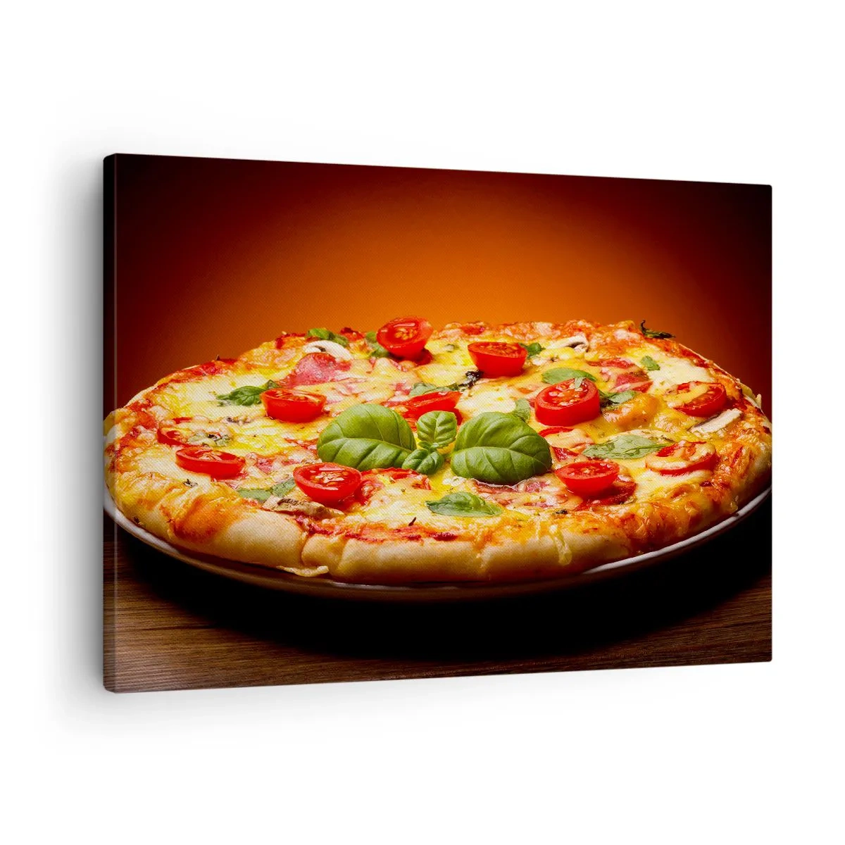 Canvas picture - Pizza with tomatoes and basil on a wooden table - 70x50cm - Mamma Mia! - Modern wall decoration for the living room and bedroom ARTTOR