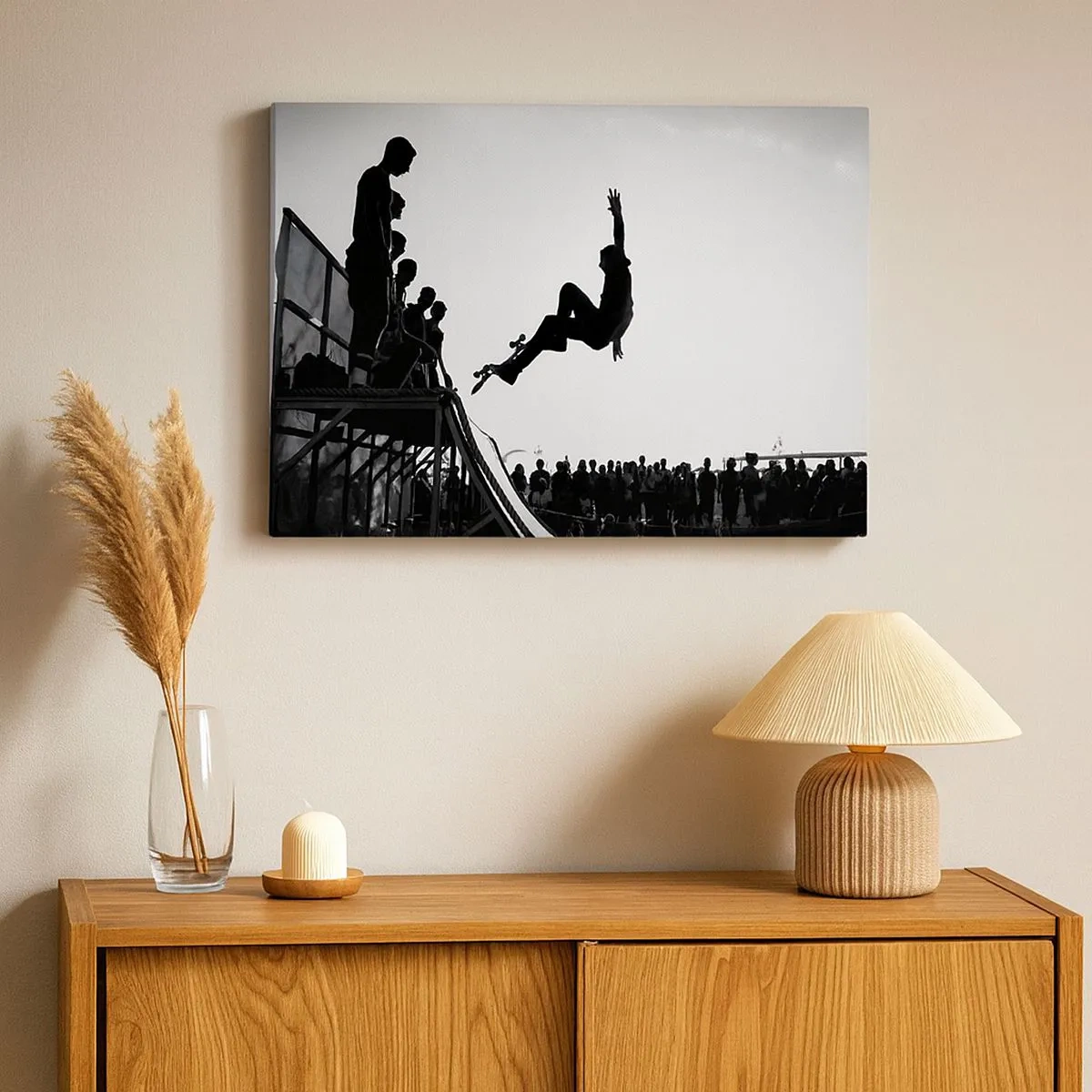 Canvas picture - Black and white skateboarding scene on a ramp - 70x50cm - Heroes and Spectators - Modern wall decoration for the living room and bedroom ARTTOR