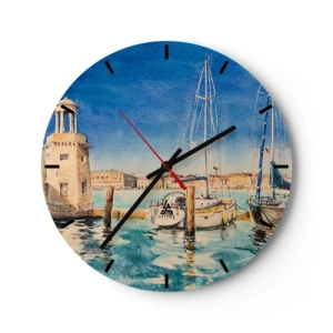 Wall clock - Clock on glass - View of the port with yachts on a sunny day - 30x30cm - Sunny Lagoon - Modern wall decoration for the living room, kitchen, and bedroom ARTTOR