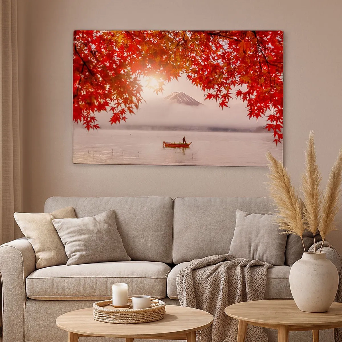 Canvas picture - A boat on a lake surrounded by red maple leaves - 70x50cm - In Japanese Style - Modern wall decoration for the living room and bedroom ARTTOR