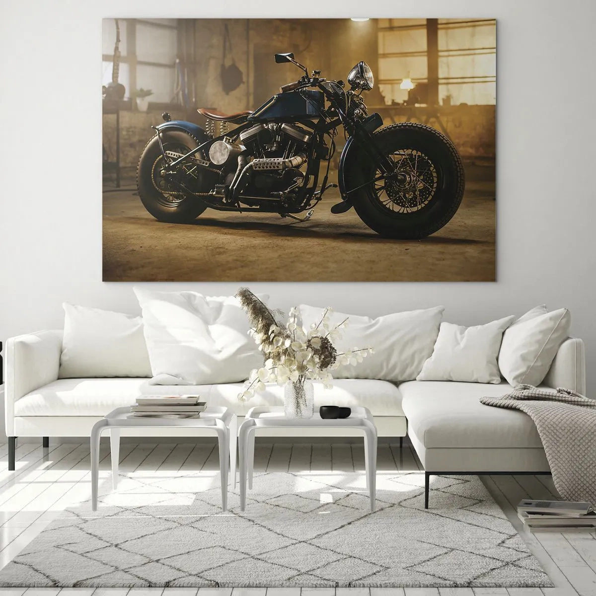 Glass picture - Atmospheric shot of a classic motorcycle in a garage - 70x50cm - I Can Do Anything - Modern wall decoration for the living room and bedroom ARTTOR