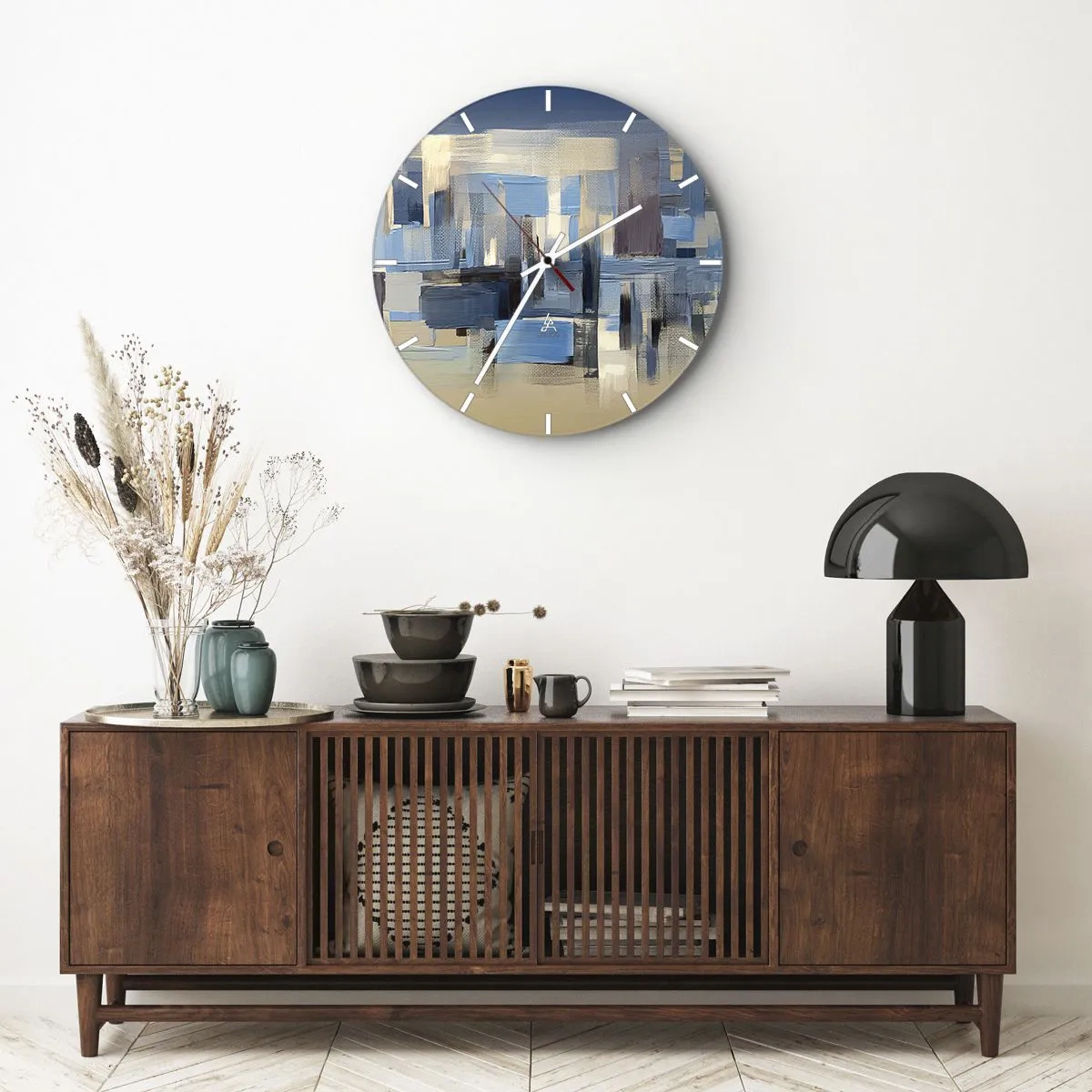 Wall clock - Clock on glass - Blue Construction - 30x30 cm