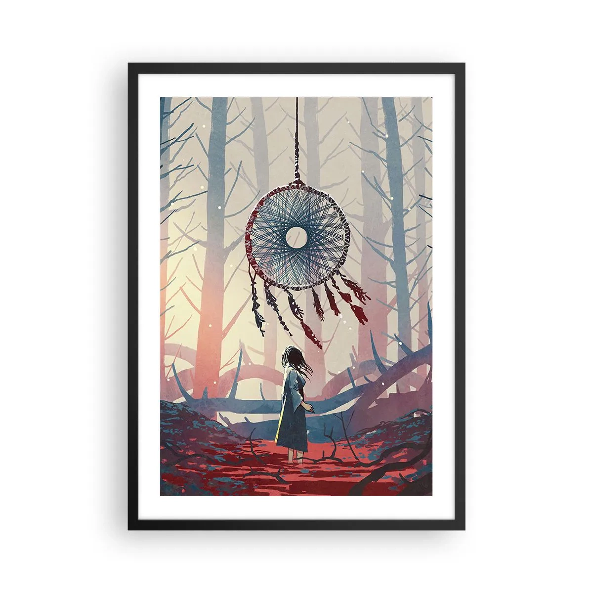 Poster in black frame - A figure in the forest with a dream catcher against a pastel background. - 50x70cm - Mysterious Ritual of Life - Modern wall decoration for the living room and bedroom ARTTOR