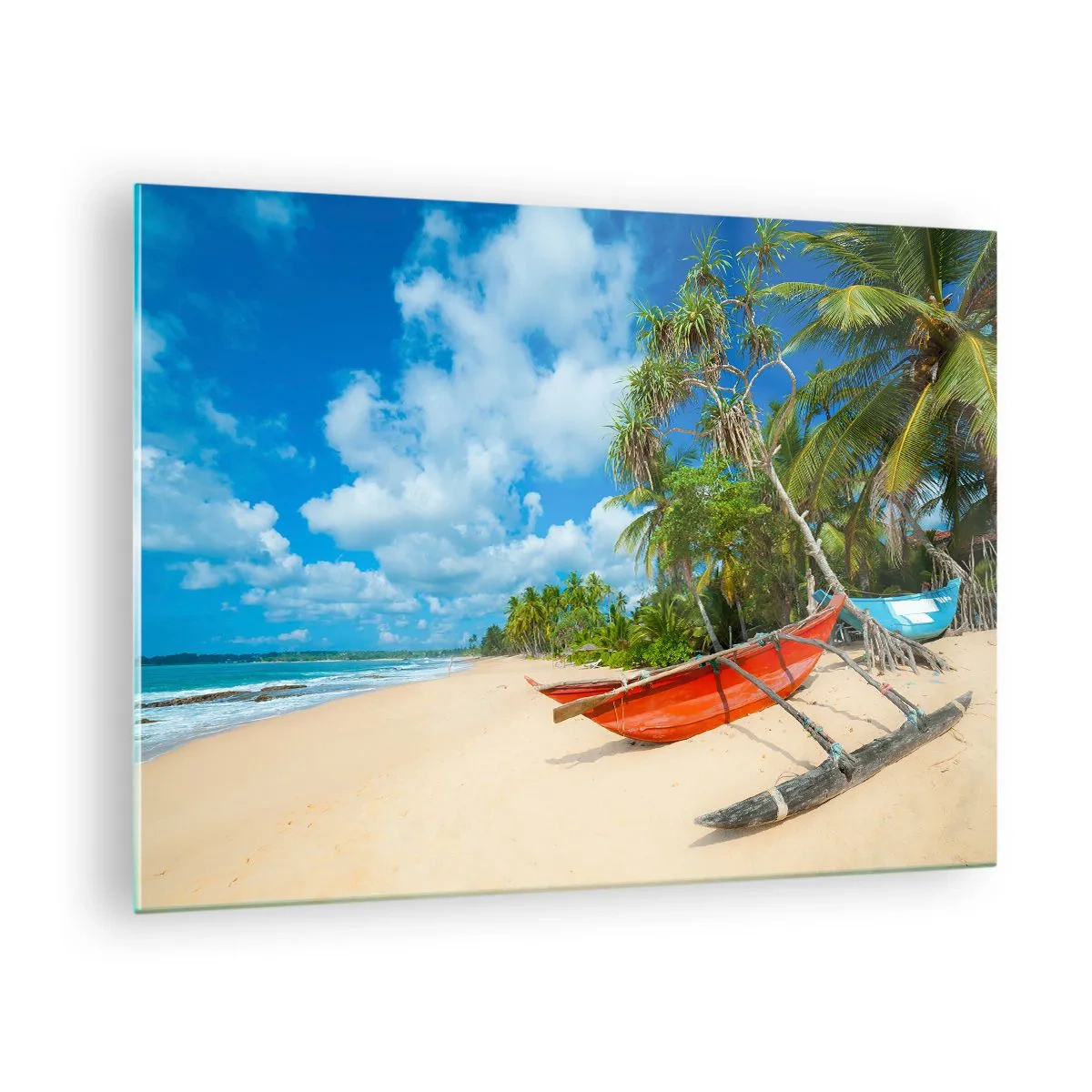 Glass picture - Tropical beach with palm trees and traditional boats - 70x50cm - Charm of the Tropics - Modern wall decoration for the living room and bedroom ARTTOR