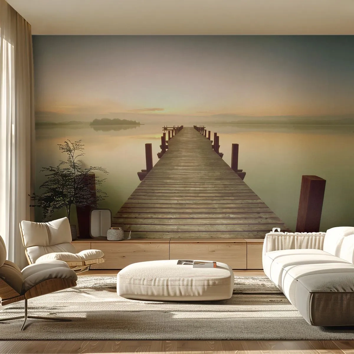 Self-Adhesive Photo Wallpaper Deluxe Sticker - Before Dawn, Dawn, Light - Landscape, Lake, Wooden Bridge - 200x140 cm