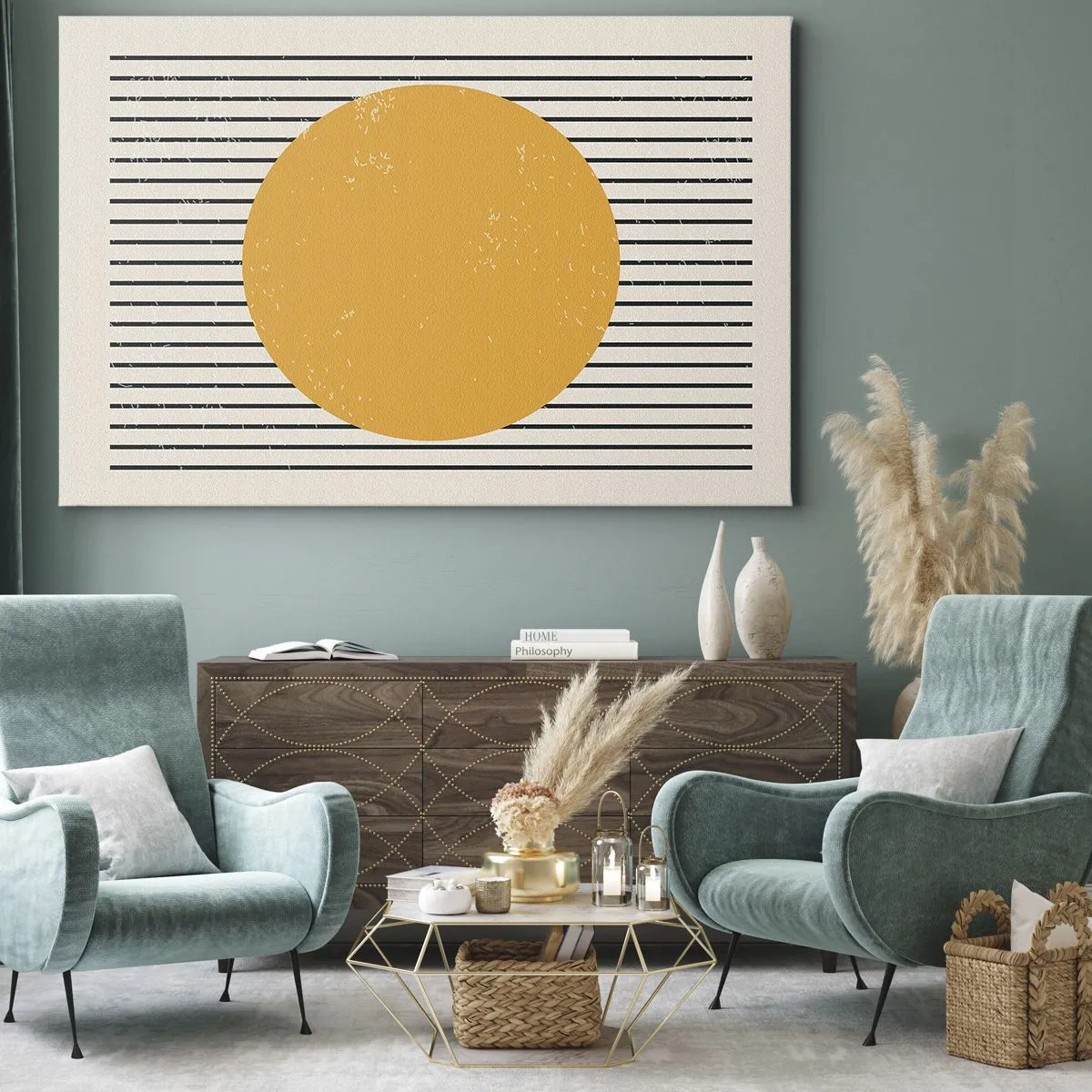 Canvas picture - A yellow circle on a background of black and white horizontal lines - 70x50cm - Power of Simplicity - Modern wall decoration for the living room and bedroom ARTTOR
