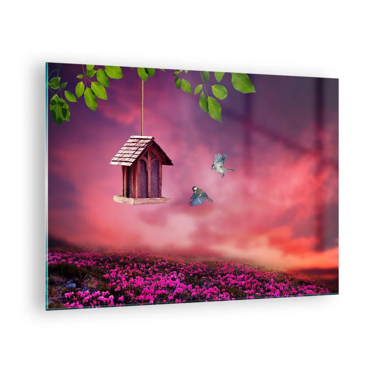 Glass picture - A bird feeder against a pink sky - 70x50cm - Invitation to Dinner - Modern wall decoration for the living room and bedroom ARTTOR