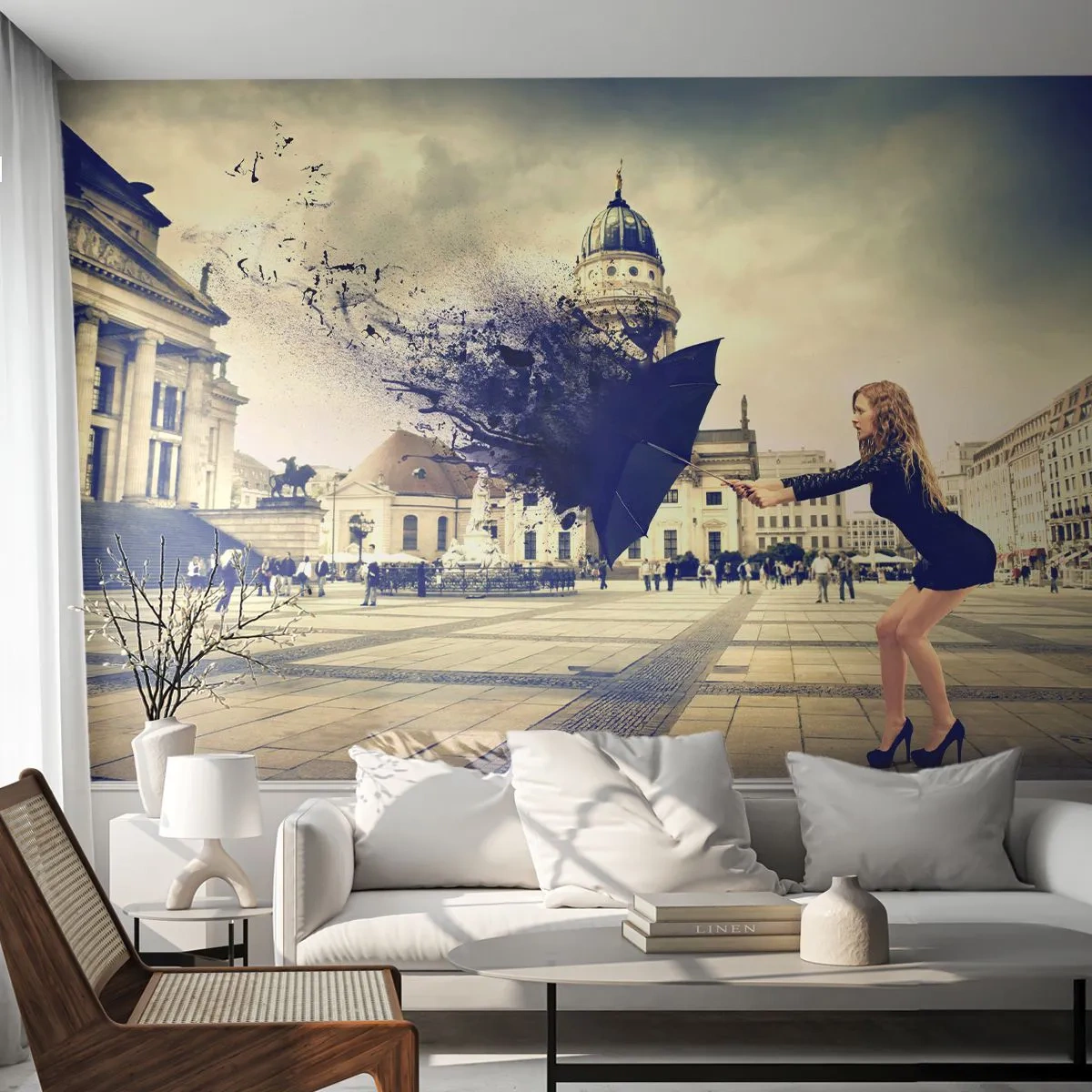 Self-Adhesive Photo Wallpaper Deluxe Sticker - There Is a Wind... - Woman, City, Mysterious Umbrella - 250x175 cm