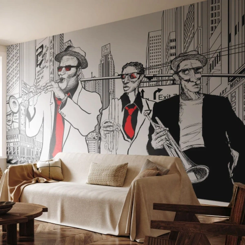 Photo Wallpaper Standard Eco - City Rhapsody in Black and Red - New York, Jazz, Music - 500x350 cm
