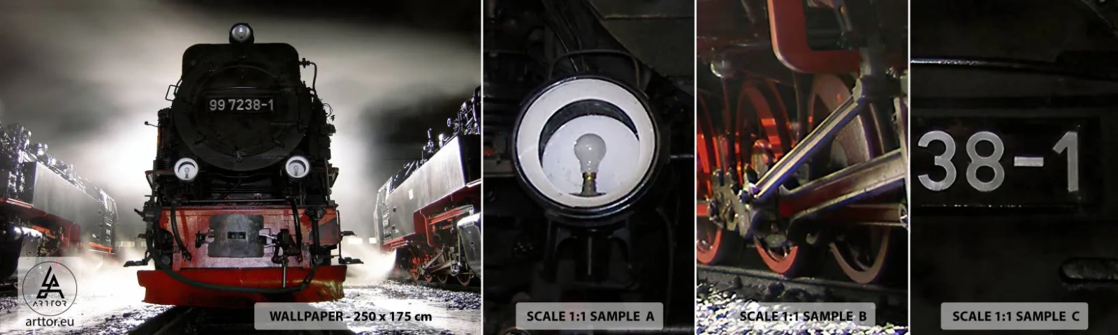 Photo Wallpaper Sample Standard Eco - Standing and Wheezing, Panting and Blowing - Steam locomotive, Railway station, Automotive - 100x30 cm