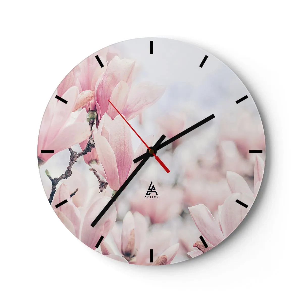 Wall clock - Clock on glass - Delicate pink magnolias against a blurred background - 30x30cm - Ideal of Subtlety - Modern wall decoration for the living room, kitchen, and bedroom ARTTOR