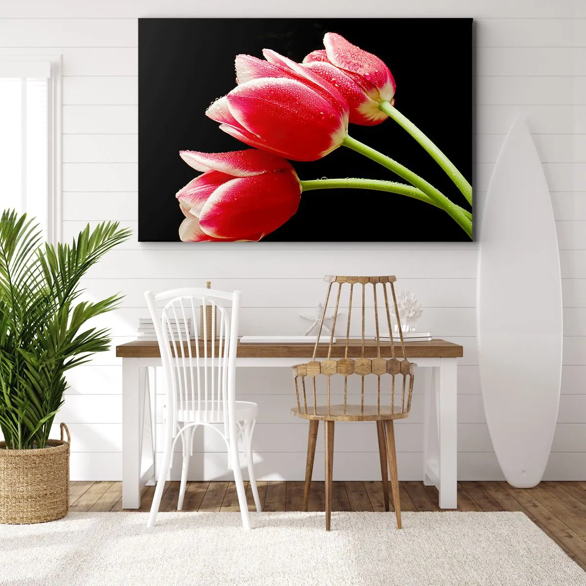 Canvas picture - Red tulips with dew drops on a black background - 70x50cm - Promise of Pure Love - Modern wall decoration for the living room and bedroom ARTTOR
