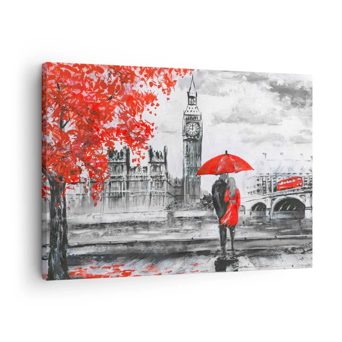 Canvas picture - Romantic scene with Big Ben and a red umbrella - 70x50cm - In Love with London - Modern wall decoration for the living room and bedroom ARTTOR