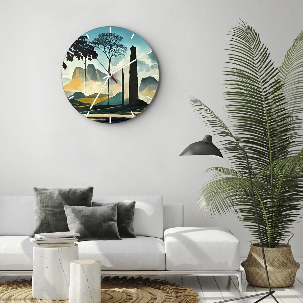 Wall clock - Clock on glass - Trees and rock formations against a mountain backdrop in the morning - 30x30cm - Higher and Higher - Modern wall decoration for the living room, kitchen, and bedroom ARTTOR
