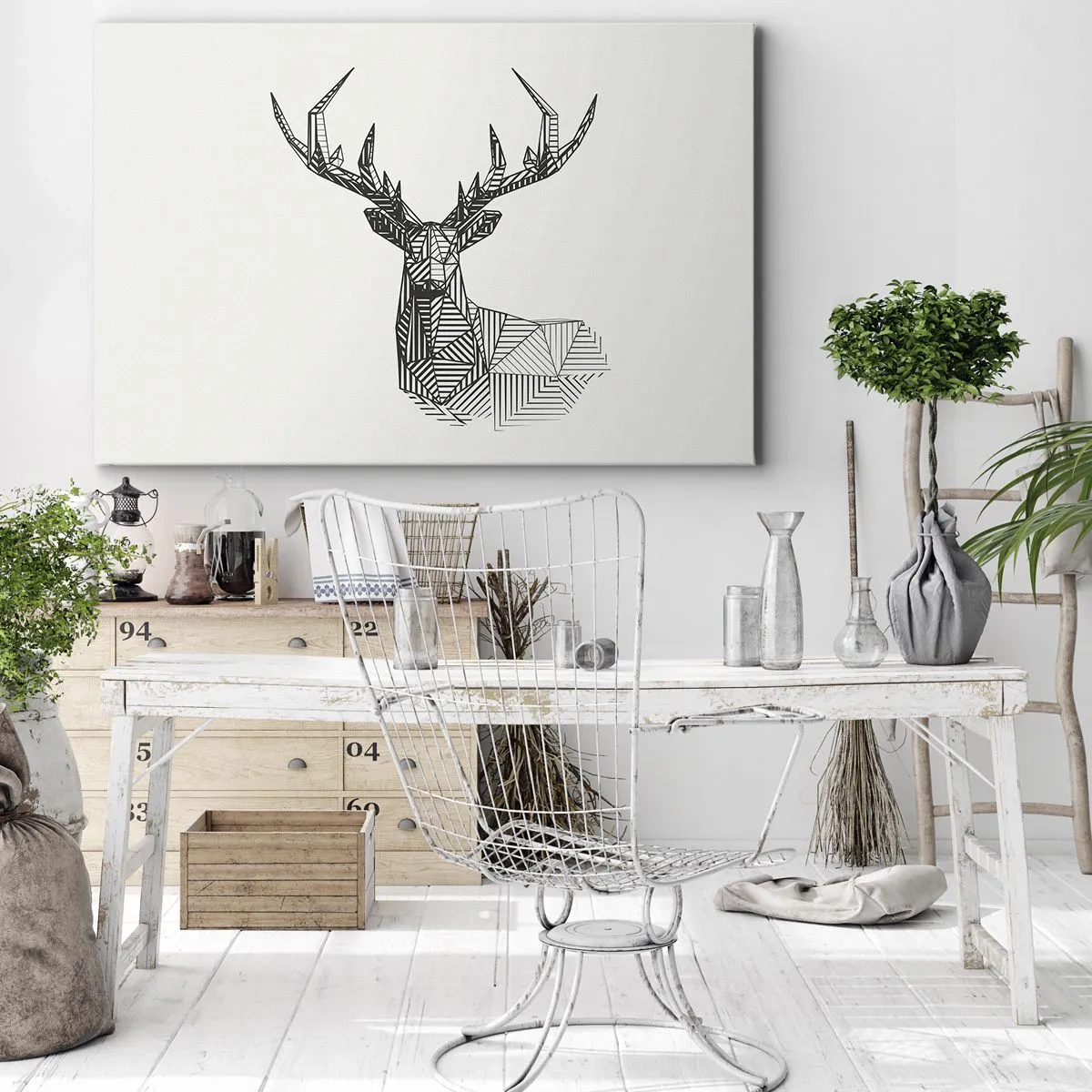 Canvas picture - Geometric image of a deer in a minimalist black and white style - 70x50cm - Derr in Cubist Style - Modern wall decoration for the living room and bedroom ARTTOR
