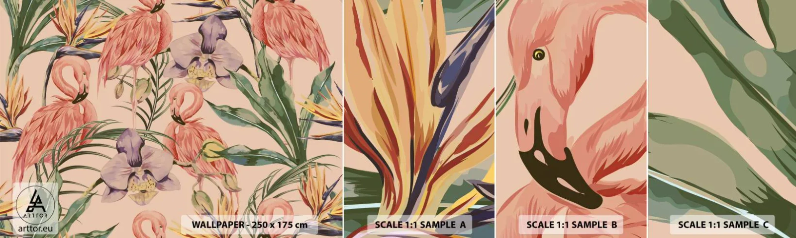 Photo Wallpaper Sample Standard Eco - Pink Ballet among Flowers - Bird, Flamingo, Jungle - 100x30 cm