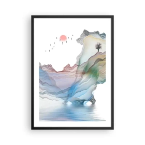 Poster in black frame - Colorful, layered mountains over a tranquil lake with a tree - 50x70cm - Towards Crystal Mountains - Modern wall decoration for the living room and bedroom ARTTOR