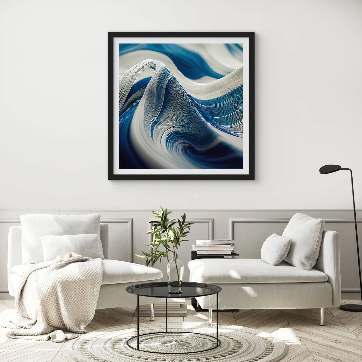 Poster in black frame - Fluidity of Blue and White - 30x30 cm