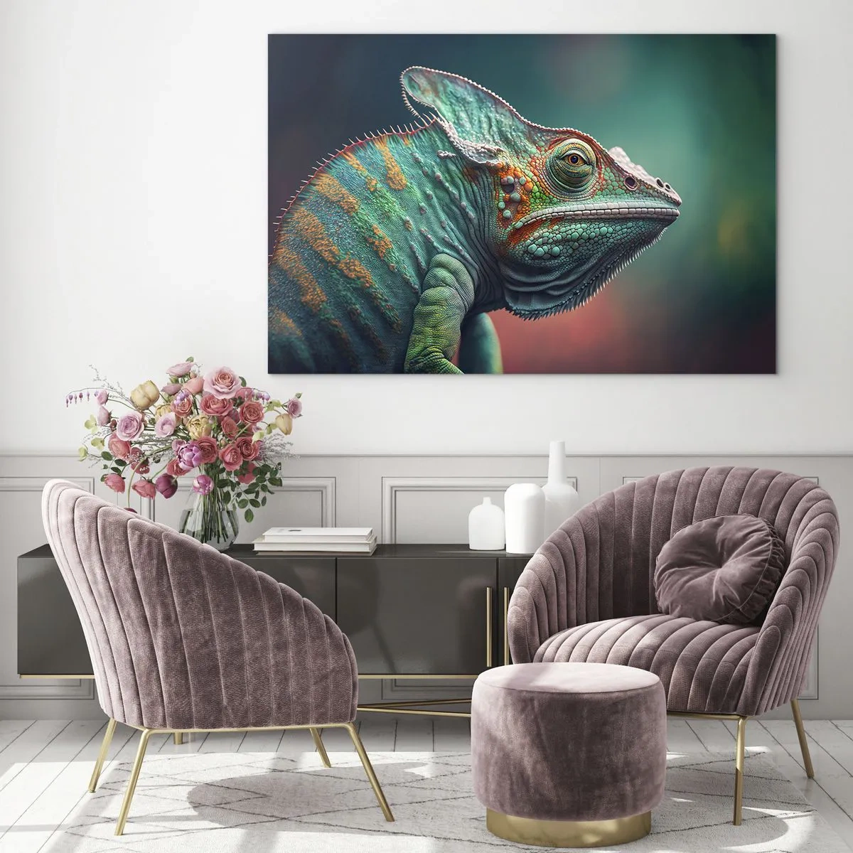 Glass picture - A colorful chameleon against a blurred background in intense light. - 70x50cm - Can You See Me? That's Too Bad... - Modern wall decoration for the living room and bedroom ARTTOR