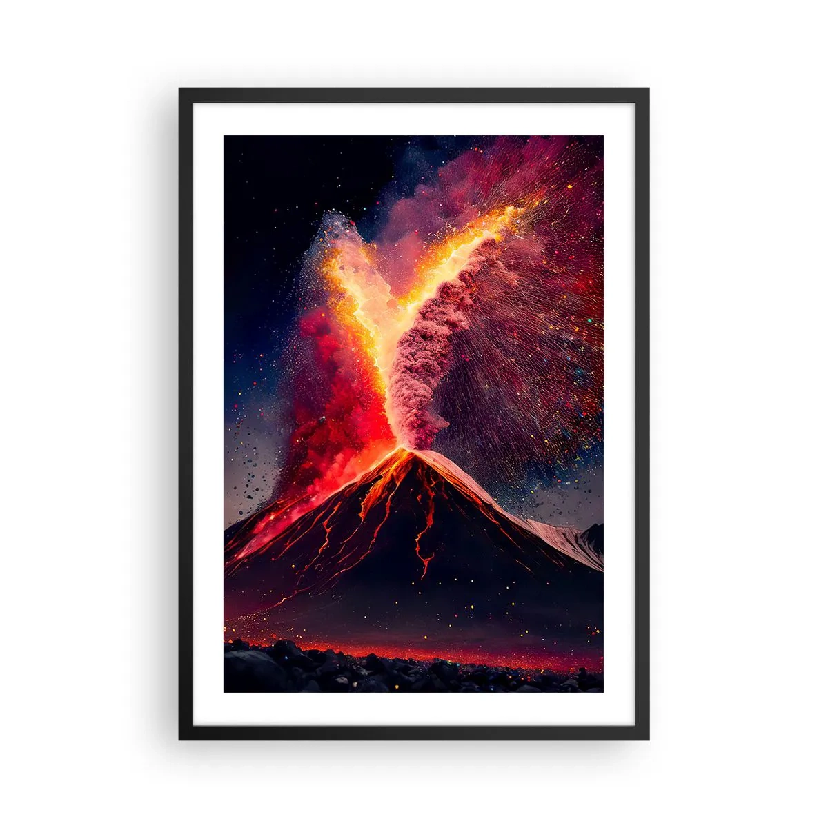 Poster in black frame - An erupting volcano in a night landscape - 50x70cm - Beauty and Threat - Modern wall decoration for the living room and bedroom ARTTOR
