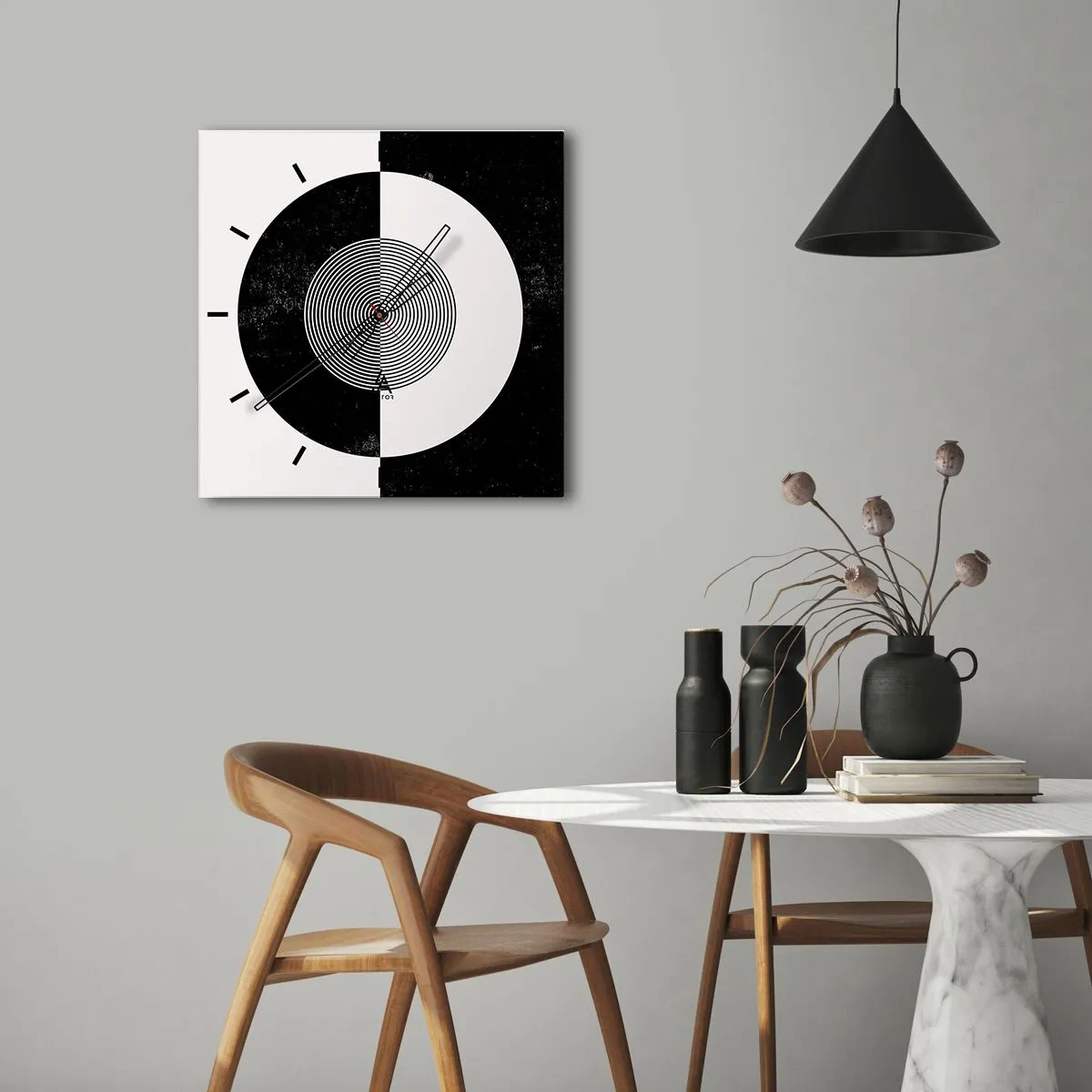 Wall clock - Clock on glass - Harmony in Black and White - 40x40 cm