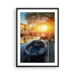 Poster in black frame - Canal with boat at sunset - 50x70cm - Morning in Amsterdam - Modern wall decoration for the living room and bedroom ARTTOR