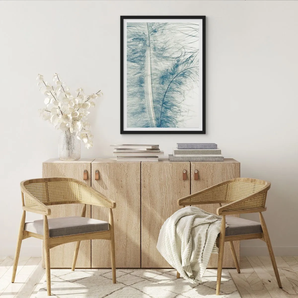Poster in black frame - A delicate feather in subtle shades of blue - 50x70cm - Whisper of Nature - Modern wall decoration for the living room and bedroom ARTTOR