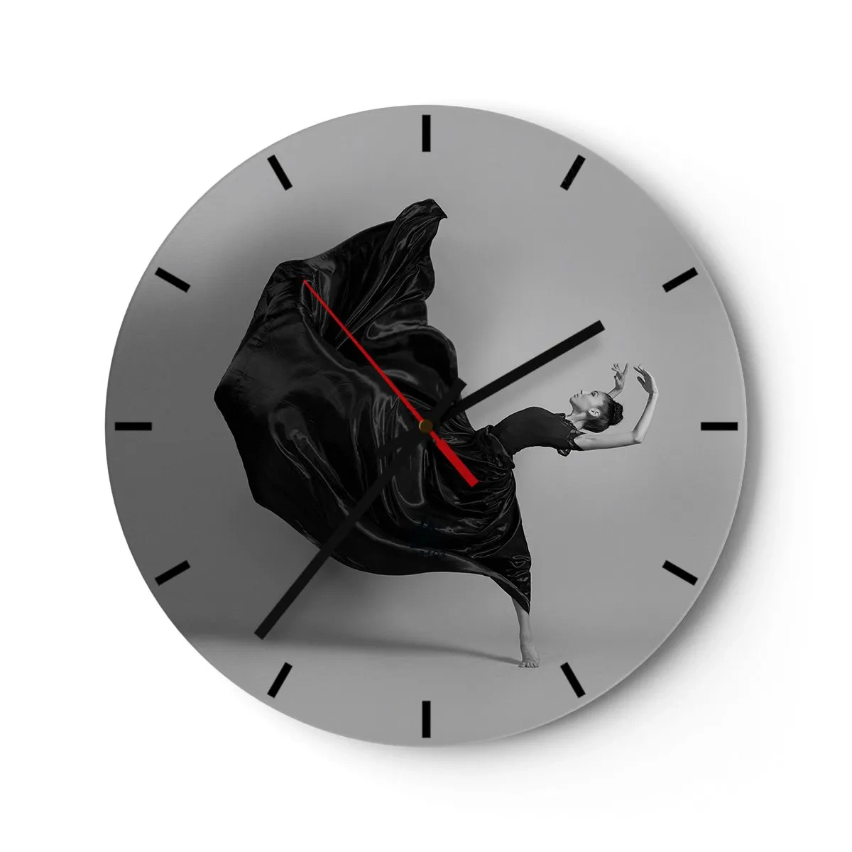 Wall clock - Clock on glass - A dancer in a dynamic pose in a black dress - 30x30cm - On the Wings of Music - Modern wall decoration for the living room, kitchen, and bedroom ARTTOR