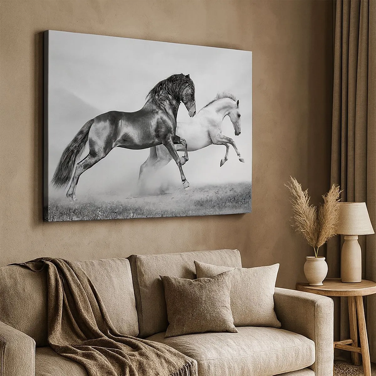 Canvas picture - Two galloping horses in a dynamic black and white composition - 70x50cm - Angels and Demons - Modern wall decoration for the living room and bedroom ARTTOR
