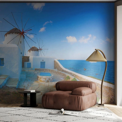 Self-Adhesive Photo Wallpaper Deluxe Sticker - Blue Wind from the Sea - Architecture, Landscape, Greece - 150x105 cm