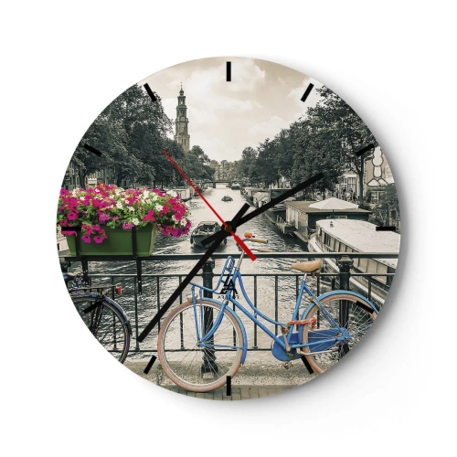 Wall clock - Clock on glass - A bicycle bridge over a canal in Amsterdam - 30x30cm - Colour of a Street in Amsterdam - Modern wall decoration for the living room, kitchen, and bedroom ARTTOR