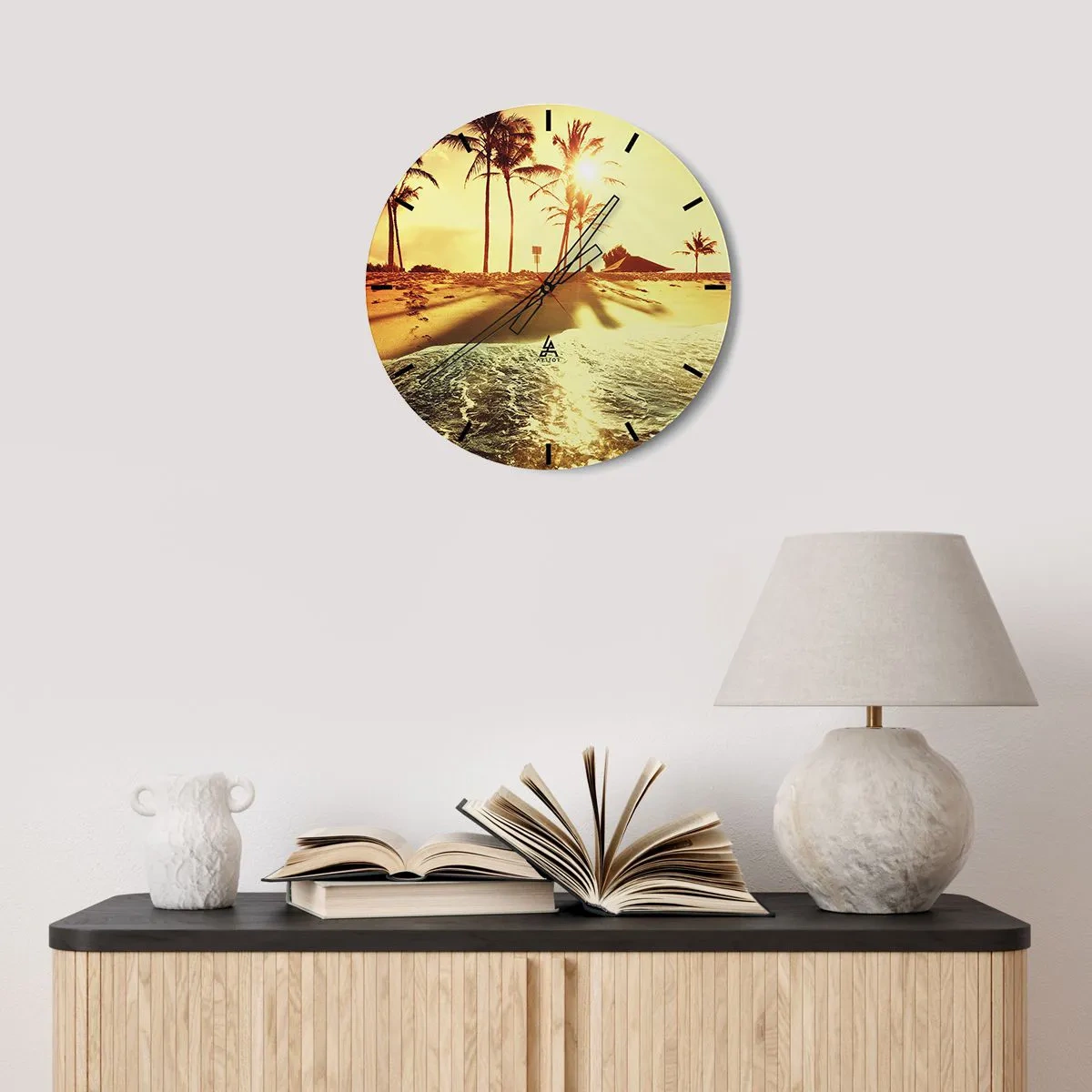 Wall clock - Clock on glass - A clock face with a beach motif in the light of the setting sun - 30x30cm - Californian Afternoon - Modern wall decoration for the living room, kitchen, and bedroom ARTTOR