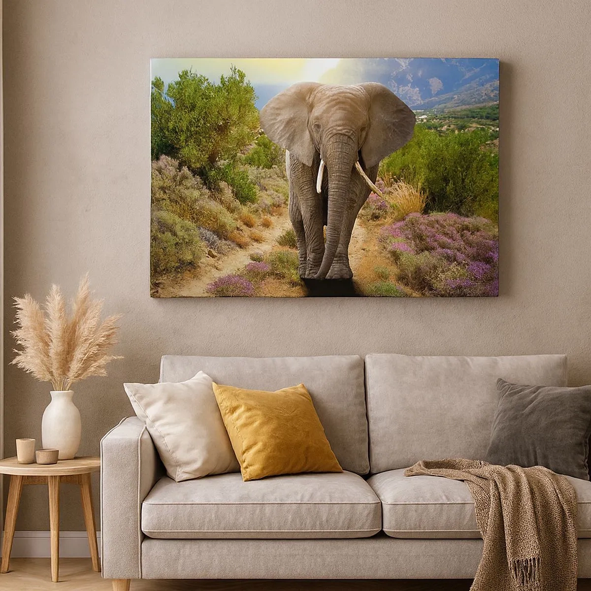 Canvas picture - An African elephant against a savannah and mountain landscape - 70x50cm - This is What Eden Looked Like - Modern wall decoration for the living room and bedroom ARTTOR