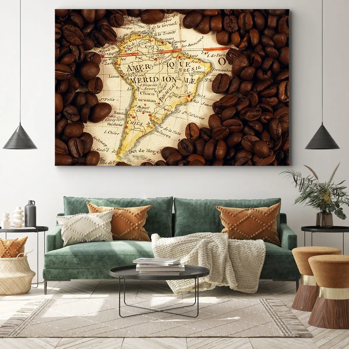 Canvas picture - A map of South America surrounded by coffee beans. - 70x50cm - Where Does the Best Coffee Come from? - Modern wall decoration for the living room and bedroom ARTTOR