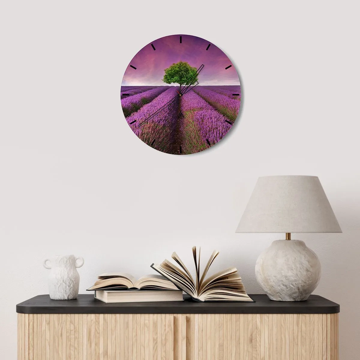 Wall clock - Clock on glass - In the Fields of Lavender - 30x30 cm