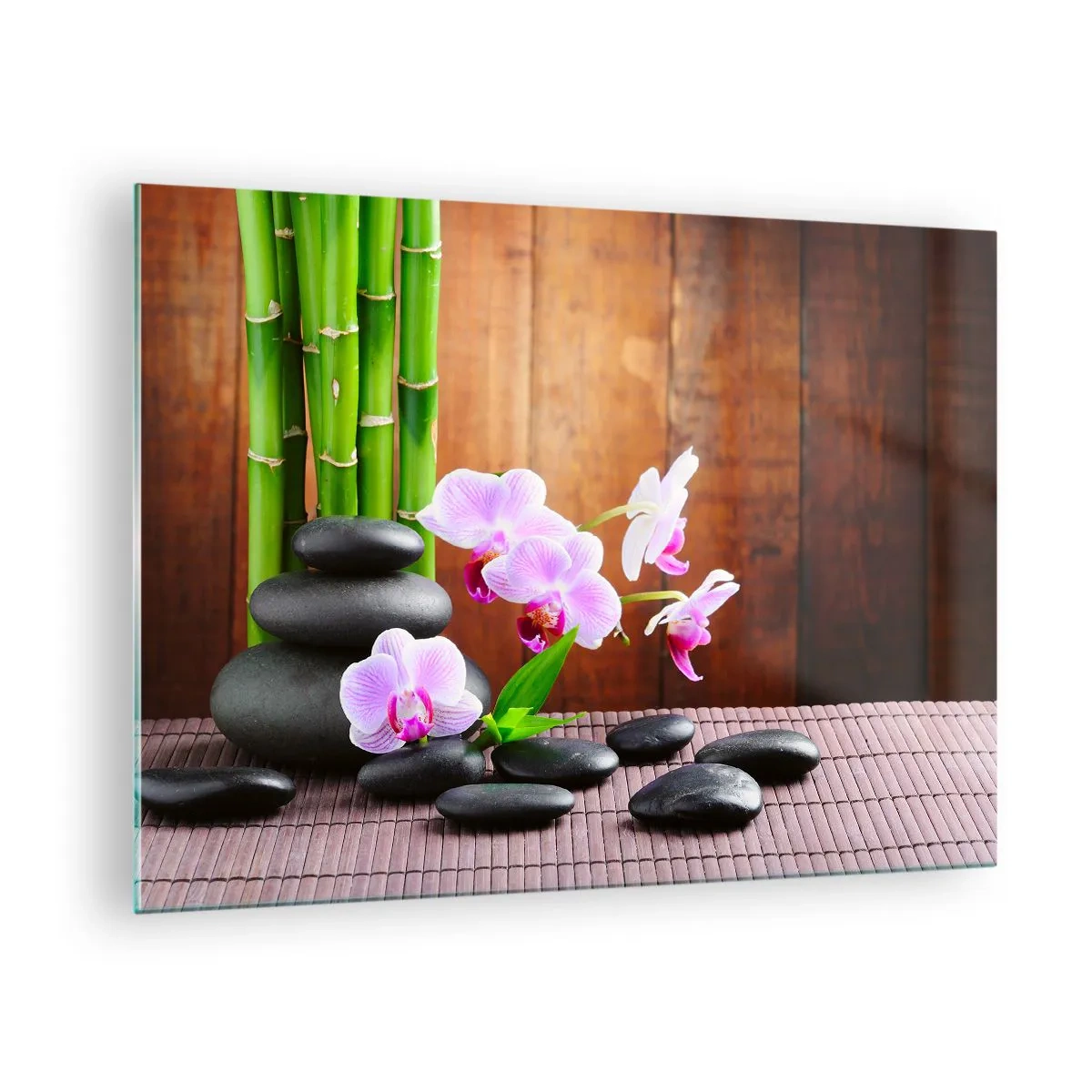 Glass picture - Pink orchids, bamboo and black stones against a wooden wall - 70x50cm - Get to Know Pleasures of the East - Modern wall decoration for the living room and bedroom ARTTOR